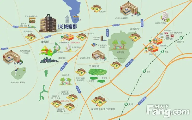 龙岗星河coco park,龙岗万科广场,世贸 等配套资源,以及龙凤山庄,官井