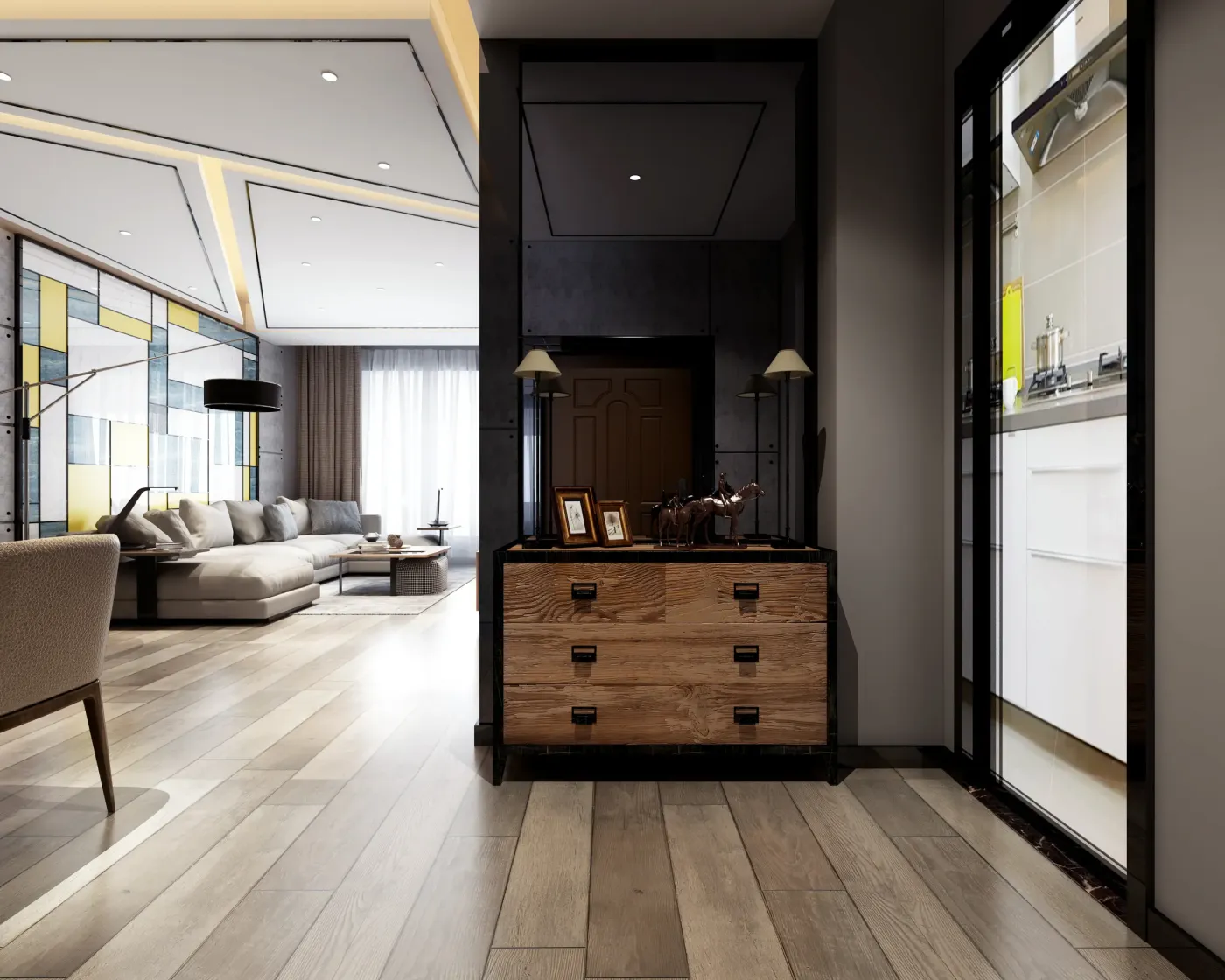 保利城91平三室两厅现代风格装修效果 繁华下心灵回归